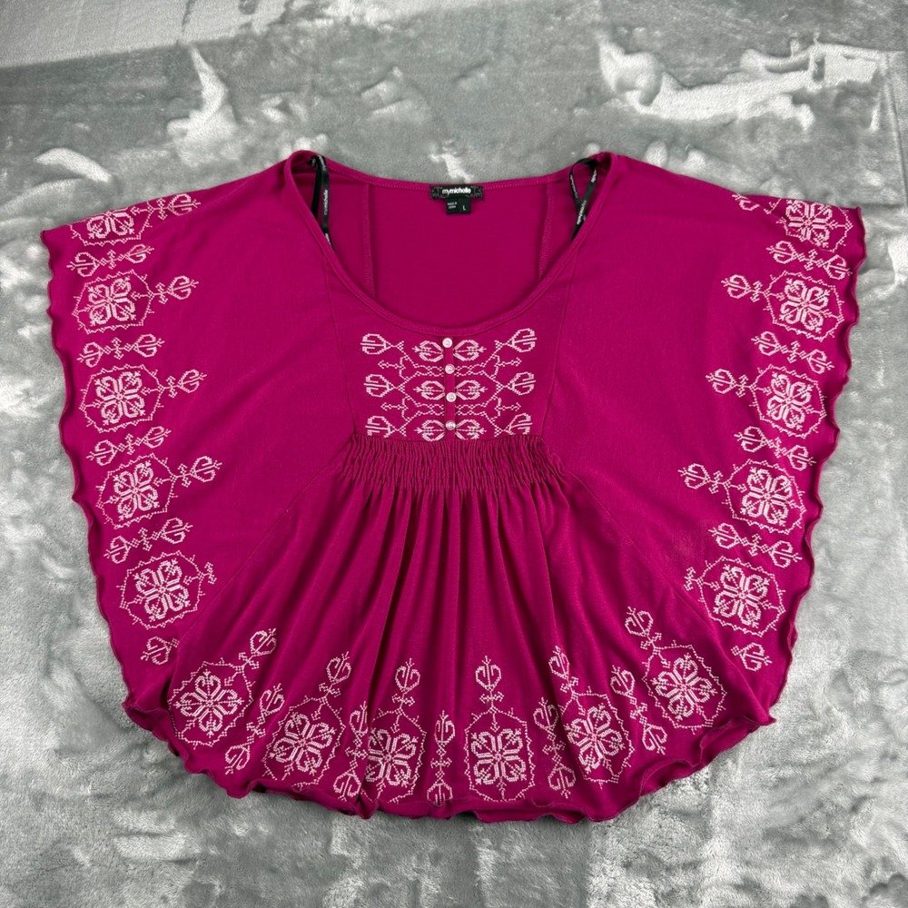 MyMichelle Magenta Pink Embroidered Butterfly Sleeve Smocked Top Large Boho Y2K‎